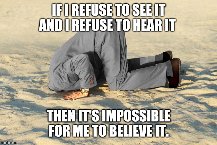 head in sand | IF I REFUSE TO SEE IT AND I REFUSE TO HEAR IT THEN IT'S IMPOSSIBLE FOR ME TO BELIEVE IT. | image tagged in head in sand | made w/ Imgflip meme maker