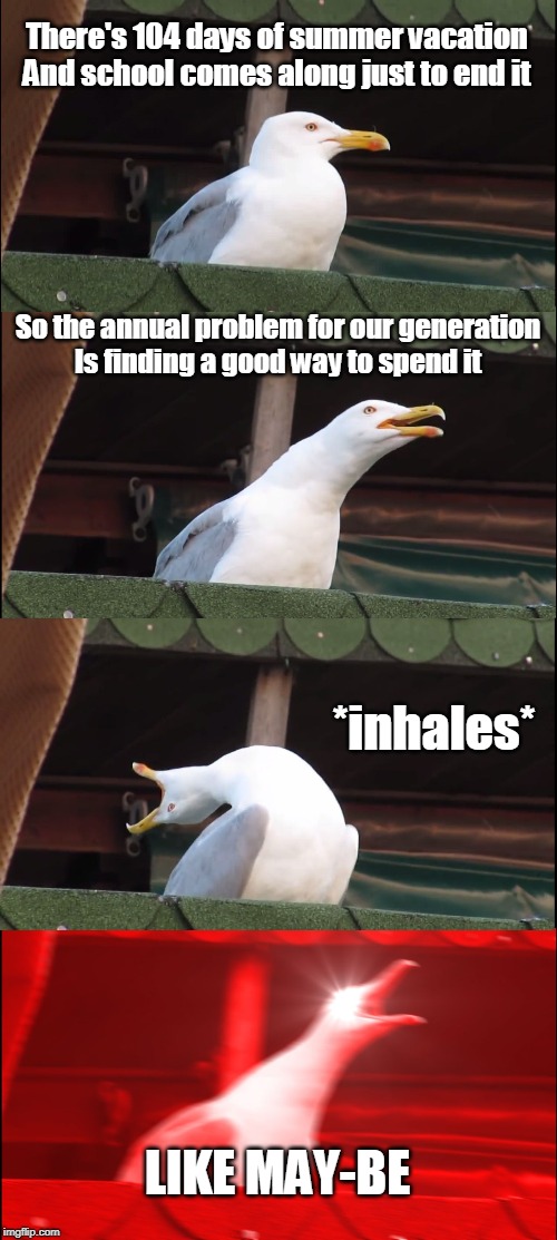 Inhaling Seagull Meme | There's 104 days of summer vacation
And school comes along just to end it; So the annual problem for our generation
Is finding a good way to spend it; *inhales*; LIKE MAY-BE | image tagged in memes,inhaling seagull | made w/ Imgflip meme maker