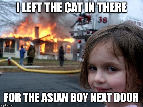 Disaster Girl | I LEFT THE CAT IN THERE; FOR THE ASIAN BOY NEXT DOOR | image tagged in memes,disaster girl | made w/ Imgflip meme maker