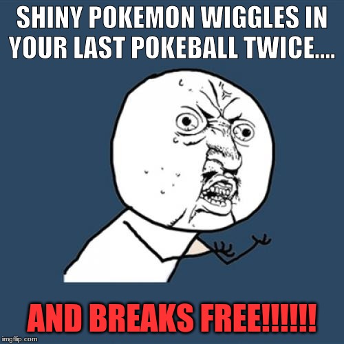 Y U No | SHINY POKEMON WIGGLES IN YOUR LAST POKEBALL TWICE.... AND BREAKS FREE!!!!!! | image tagged in memes,y u no | made w/ Imgflip meme maker