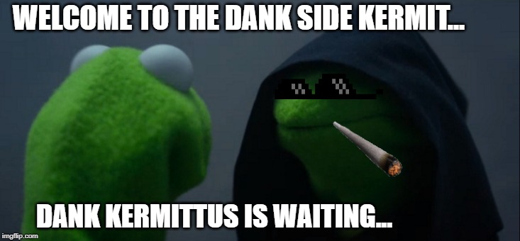 Evil Kermit | WELCOME TO THE DANK SIDE KERMIT... DANK KERMITTUS IS WAITING... | image tagged in memes,evil kermit | made w/ Imgflip meme maker