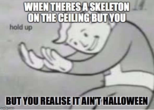 Hol up | WHEN THERES A SKELETON ON THE CEILING BUT YOU; BUT YOU REALISE IT AIN'T HALLOWEEN | image tagged in hol up | made w/ Imgflip meme maker