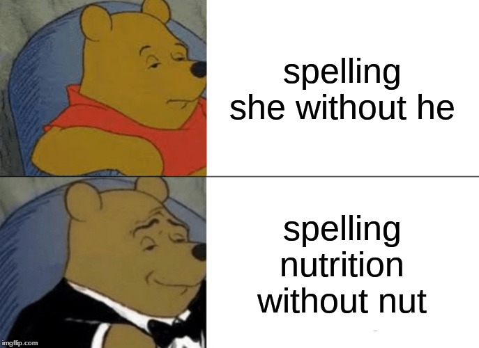 Tuxedo Winnie The Pooh Meme | spelling she without he; spelling nutrition without nut | image tagged in memes,tuxedo winnie the pooh | made w/ Imgflip meme maker