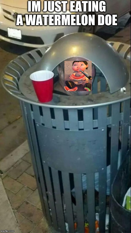trashcan drunk | IM JUST EATING A WATERMELON DOE | image tagged in trashcan drunk | made w/ Imgflip meme maker