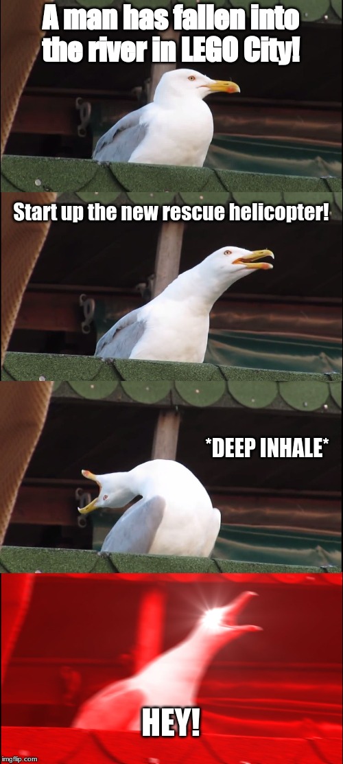 Build the helicopter! | A man has fallen into the river in LEGO City! Start up the new rescue helicopter! *DEEP INHALE*; HEY! | image tagged in memes,inhaling seagull | made w/ Imgflip meme maker