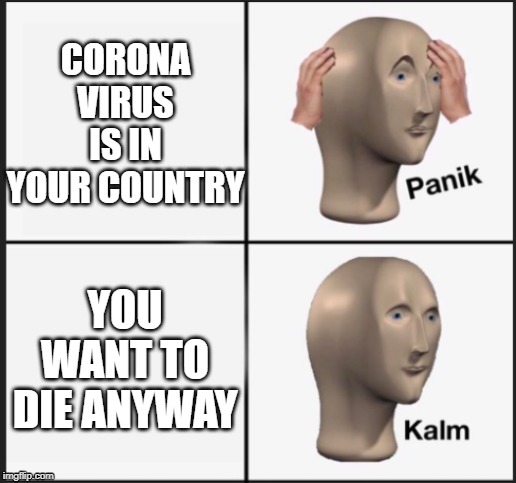 CORONA VIRUS IS IN YOUR COUNTRY; YOU WANT TO DIE ANYWAY | image tagged in fun,meme,panik,kalm,corona,virus | made w/ Imgflip meme maker