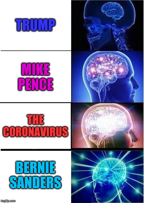 Expanding Brain | TRUMP; MIKE PENCE; THE CORONAVIRUS; BERNIE SANDERS | image tagged in memes,expanding brain | made w/ Imgflip meme maker