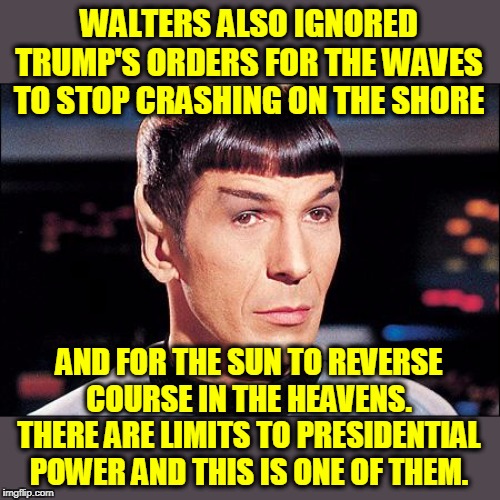 Condescending Spock | WALTERS ALSO IGNORED TRUMP'S ORDERS FOR THE WAVES TO STOP CRASHING ON THE SHORE AND FOR THE SUN TO REVERSE COURSE IN THE HEAVENS. THERE ARE  | image tagged in condescending spock | made w/ Imgflip meme maker