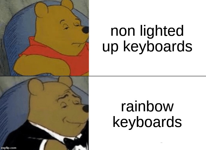 Tuxedo Winnie The Pooh Meme | non lighted up keyboards; rainbow keyboards | image tagged in memes,tuxedo winnie the pooh | made w/ Imgflip meme maker