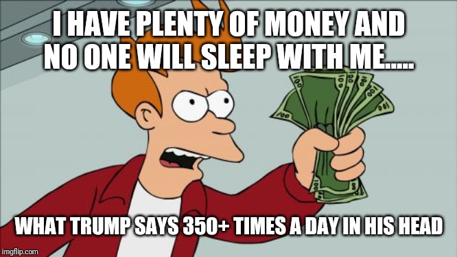 Shut Up And Take My Money Fry | I HAVE PLENTY OF MONEY AND NO ONE WILL SLEEP WITH ME..... WHAT TRUMP SAYS 350+ TIMES A DAY IN HIS HEAD | image tagged in memes,shut up and take my money fry | made w/ Imgflip meme maker