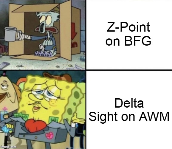 Phantom Forces Memes #2 | Z-Point on BFG; Delta Sight on AWM | image tagged in poor squidward vs rich spongebob,phantom forces,phantom forces meme,roblox,memes,gaming | made w/ Imgflip meme maker