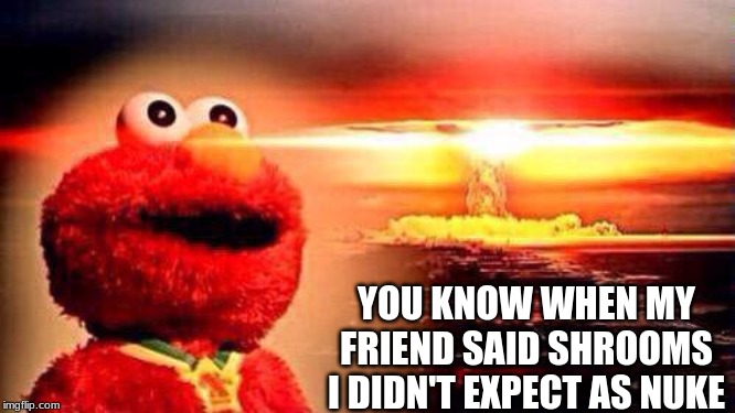 elmo nuke bomb | YOU KNOW WHEN MY FRIEND SAID SHROOMS I DIDN'T EXPECT AS NUKE | image tagged in elmo nuke bomb | made w/ Imgflip meme maker
