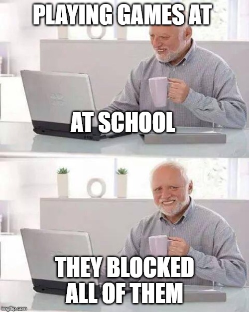 Hide the Pain Harold | PLAYING GAMES AT; AT SCHOOL; THEY BLOCKED ALL OF THEM | image tagged in memes,hide the pain harold | made w/ Imgflip meme maker