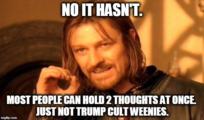 One Does Not Simply Meme | NO IT HASN'T. MOST PEOPLE CAN HOLD 2 THOUGHTS AT ONCE. 
JUST NOT TRUMP CULT WEENIES. | image tagged in memes,one does not simply | made w/ Imgflip meme maker