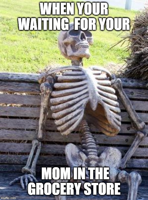 Waiting Skeleton | WHEN YOUR WAITING  FOR YOUR; MOM IN THE GROCERY STORE | image tagged in memes,waiting skeleton | made w/ Imgflip meme maker