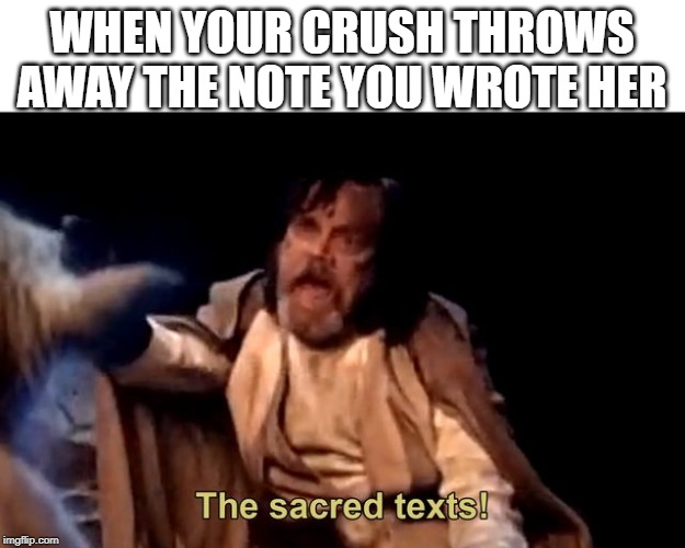 The sacred texts! | WHEN YOUR CRUSH THROWS AWAY THE NOTE YOU WROTE HER | image tagged in the sacred texts | made w/ Imgflip meme maker