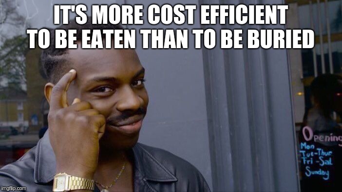 Roll Safe Think About It Meme | IT'S MORE COST EFFICIENT TO BE EATEN THAN TO BE BURIED | image tagged in memes,roll safe think about it | made w/ Imgflip meme maker