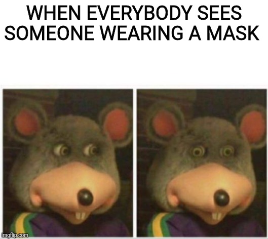 chuck e cheese rat stare | WHEN EVERYBODY SEES SOMEONE WEARING A MASK | image tagged in chuck e cheese rat stare,mask | made w/ Imgflip meme maker