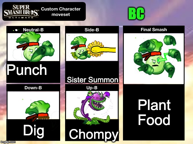 Custom moveset for BC | BC; Punch; Sister Summon; Plant Food; Dig; Chompy | image tagged in smash ultimate custom moveset | made w/ Imgflip meme maker