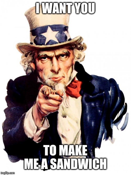 Uncle Sam | I WANT YOU; TO MAKE ME A SANDWICH | image tagged in memes,uncle sam | made w/ Imgflip meme maker