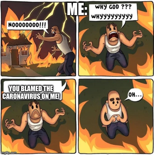 why god | ME:; YOU BLAMED THE CARONAVIRUS ON ME! | image tagged in why god | made w/ Imgflip meme maker