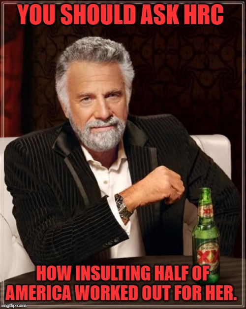 The Most Interesting Man In The World Meme | YOU SHOULD ASK HRC HOW INSULTING HALF OF AMERICA WORKED OUT FOR HER. | image tagged in memes,the most interesting man in the world | made w/ Imgflip meme maker