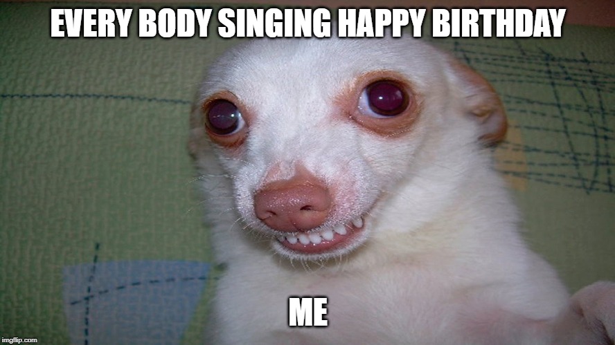 embarrassed grin | EVERY BODY SINGING HAPPY BIRTHDAY; ME | image tagged in embarrassed grin | made w/ Imgflip meme maker