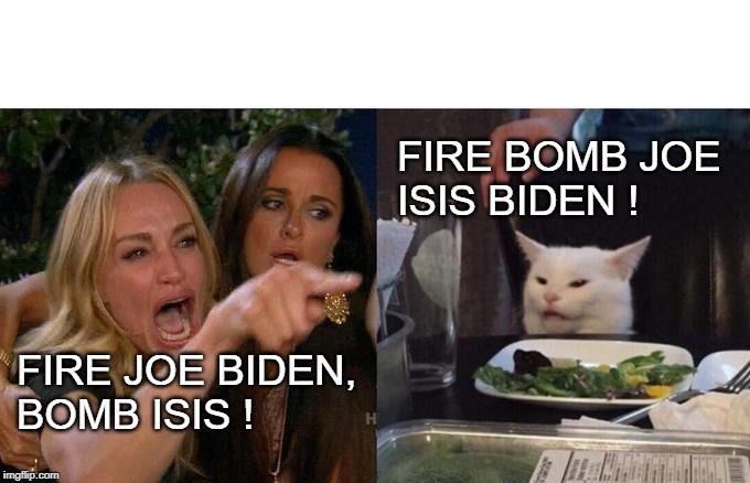 Woman Yelling At Cat Meme | FIRE JOE BIDEN, 
BOMB ISIS ! FIRE BOMB JOE 
ISIS BIDEN ! | image tagged in memes,woman yelling at cat | made w/ Imgflip meme maker