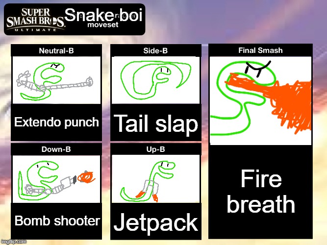 Another OC joins the battle! | Snake boi; Extendo punch; Tail slap; Fire breath; Bomb shooter; Jetpack | image tagged in smash ultimate custom moveset,super smash bros,dlc,ocs,imgflip | made w/ Imgflip meme maker