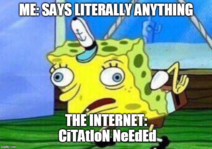 Sponge mock | ME: SAYS LITERALLY ANYTHING; THE INTERNET:
 CiTAtIoN NeEdEd | image tagged in sponge mock | made w/ Imgflip meme maker