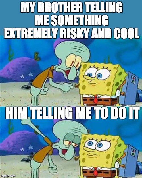 Talk To Spongebob Meme | MY BROTHER TELLING ME SOMETHING EXTREMELY RISKY AND COOL; HIM TELLING ME TO DO IT | image tagged in memes,talk to spongebob | made w/ Imgflip meme maker