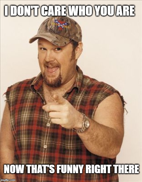 Larry The Cable Guy | NOW THAT'S FUNNY RIGHT THERE I DON'T CARE WHO YOU ARE | image tagged in larry the cable guy | made w/ Imgflip meme maker