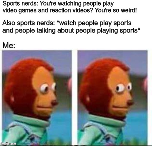 Oh, the irony... | Sports nerds: You're watching people play video games and reaction videos? You're so weird! Also sports nerds: *watch people play sports and people talking about people playing sports*; Me: | image tagged in monkey puppet,sports,nerds,reaction | made w/ Imgflip meme maker