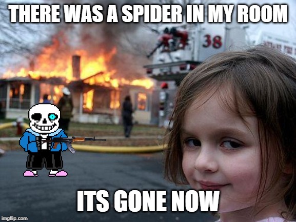Disaster Girl | THERE WAS A SPIDER IN MY ROOM; ITS GONE NOW | image tagged in memes,disaster girl | made w/ Imgflip meme maker