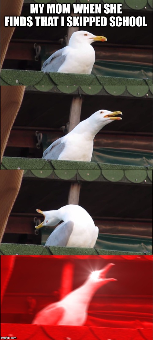 Inhaling Seagull | MY MOM WHEN SHE FINDS THAT I SKIPPED SCHOOL | image tagged in memes,inhaling seagull | made w/ Imgflip meme maker