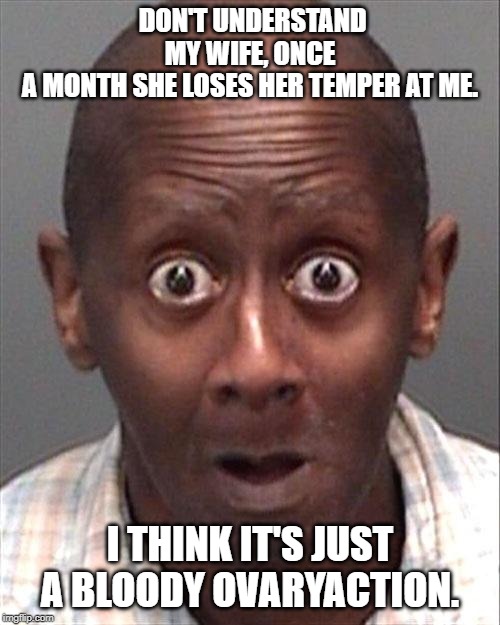 Funny Face | DON'T UNDERSTAND MY WIFE, ONCE A MONTH SHE LOSES HER TEMPER AT ME. I THINK IT'S JUST A BLOODY OVARYACTION. | image tagged in funny face | made w/ Imgflip meme maker