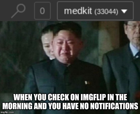 WHEN YOU CHECK ON IMGFLIP IN THE MORNING AND YOU HAVE NO NOTIFICATIONS | image tagged in memes,kim jong un sad | made w/ Imgflip meme maker