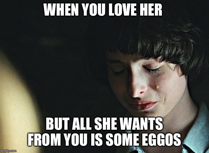 Mike | WHEN YOU LOVE HER; BUT ALL SHE WANTS FROM YOU IS SOME EGOS | image tagged in stranger things | made w/ Imgflip meme maker