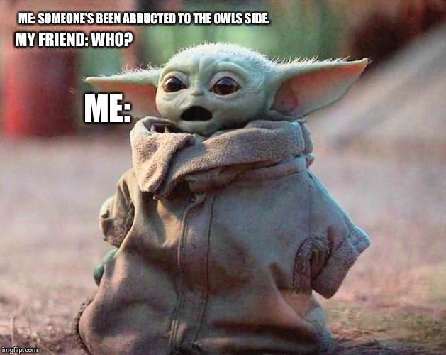 Surprised Baby Yoda | ME: SOMEONE’S BEEN ABDUCTED TO THE OWLS SIDE. MY FRIEND: WHO? ME: | image tagged in surprised baby yoda | made w/ Imgflip meme maker
