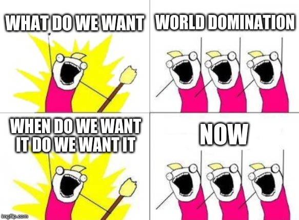 What Do We Want Meme | WHAT DO WE WANT; WORLD DOMINATION; NOW; WHEN DO WE WANT IT DO WE WANT IT | image tagged in memes,what do we want | made w/ Imgflip meme maker