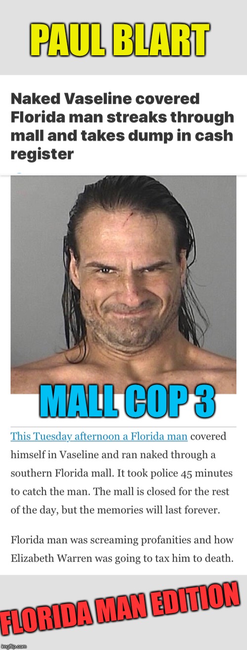 Mall Cop vs Florida Man | PAUL BLART; MALL COP 3; FLORIDA MAN EDITION | image tagged in florida man,mall,cop,shenanigans,funny memes | made w/ Imgflip meme maker