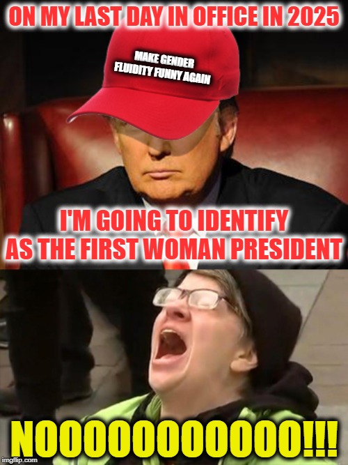 Tormentor in Chief | ON MY LAST DAY IN OFFICE IN 2025; MAKE GENDER FLUIDITY FUNNY AGAIN; I'M GOING TO IDENTIFY AS THE FIRST WOMAN PRESIDENT; NOOOOOOOOOOO!!! | image tagged in trump hat no,tormentor in chief | made w/ Imgflip meme maker