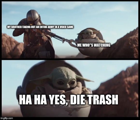 Baby Yoda Mandalorian | MY BROTHER TAKING OUT AN ENTIRE ARMY IN A VIDEO GAME; ME WHO"S WATCHING; HA HA YES, DIE TRASH | image tagged in baby yoda mandalorian | made w/ Imgflip meme maker