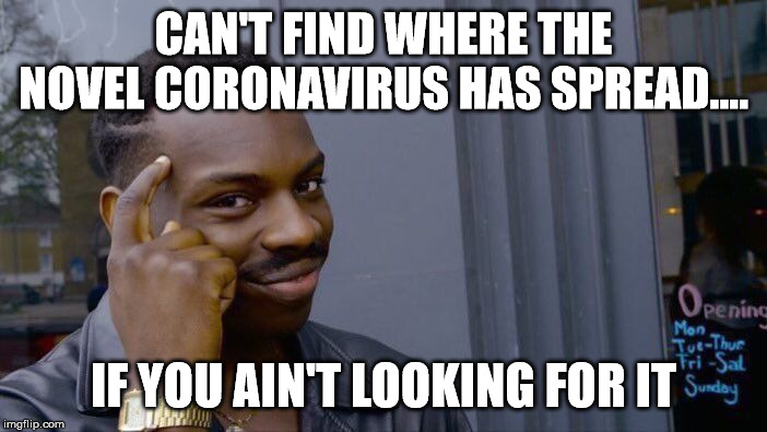 Roll Safe Think About It | CAN'T FIND WHERE THE NOVEL CORONAVIRUS HAS SPREAD.... IF YOU AIN'T LOOKING FOR IT | image tagged in memes,roll safe think about it | made w/ Imgflip meme maker