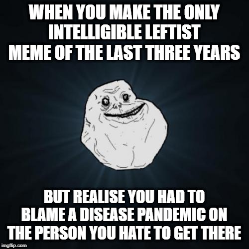 Forever Alone Meme | WHEN YOU MAKE THE ONLY INTELLIGIBLE LEFTIST MEME OF THE LAST THREE YEARS BUT REALISE YOU HAD TO BLAME A DISEASE PANDEMIC ON THE PERSON YOU H | image tagged in memes,forever alone | made w/ Imgflip meme maker