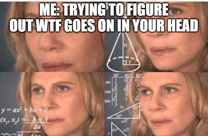 Math lady/Confused lady | ME: TRYING TO FIGURE OUT WTF GOES ON IN YOUR HEAD | image tagged in math lady/confused lady | made w/ Imgflip meme maker