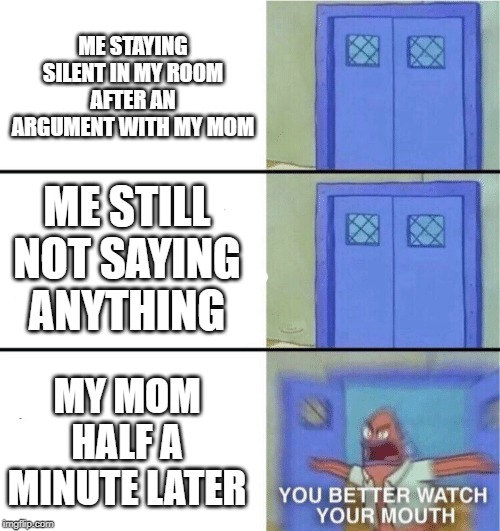 You better watch your mouth | ME STAYING SILENT IN MY ROOM AFTER AN ARGUMENT WITH MY MOM; ME STILL NOT SAYING ANYTHING; MY MOM HALF A MINUTE LATER | image tagged in you better watch your mouth | made w/ Imgflip meme maker