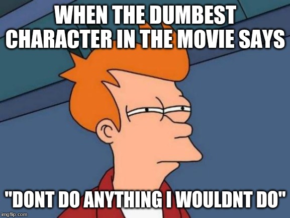 Futurama Fry | WHEN THE DUMBEST CHARACTER IN THE MOVIE SAYS; "DONT DO ANYTHING I WOULDNT DO" | image tagged in memes,futurama fry | made w/ Imgflip meme maker