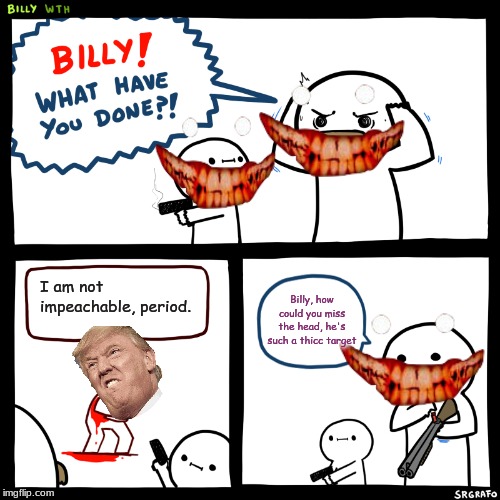 Billy, What Have You Done | I am not impeachable, period. Billy, how could you miss the head, he's such a thicc target | image tagged in billy what have you done | made w/ Imgflip meme maker