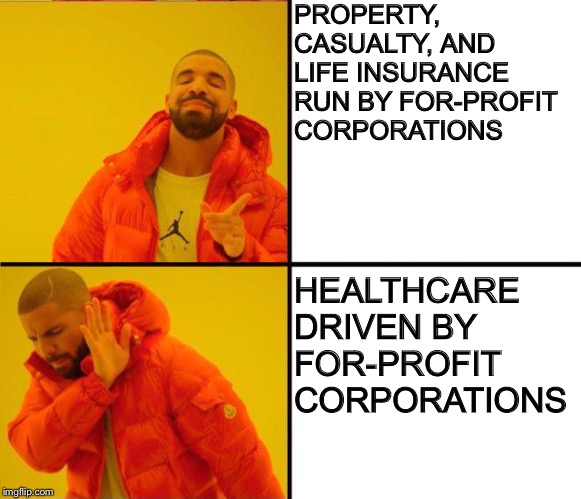 drake yes no reverse | PROPERTY, CASUALTY, AND LIFE INSURANCE RUN BY FOR-PROFIT CORPORATIONS; HEALTHCARE DRIVEN BY FOR-PROFIT CORPORATIONS | image tagged in drake yes no reverse | made w/ Imgflip meme maker